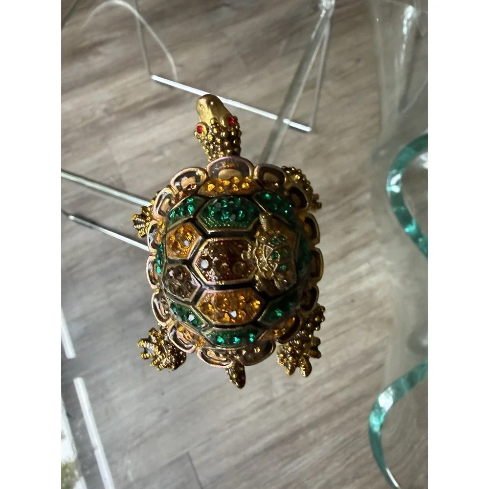 Jeweled Enamel Turtle Trinket Box Hinged Magnetic Pill Box Rhinestone Gold Tone
